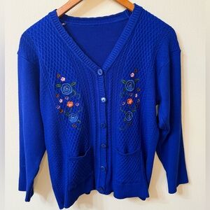 Vintage Royal Blue Floral Embroidered Cardigan Sweater